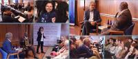 A collage of photos from the 2025 Benrubi lecture: two men seated on a stage in conversation, audience members